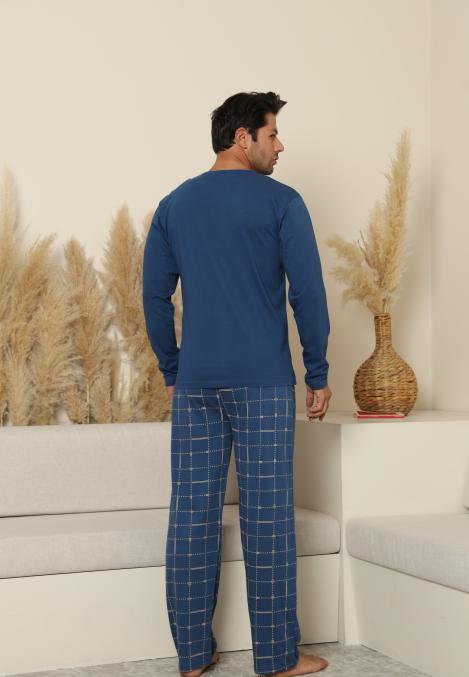 Pijama Barbati ,Maneca si Pantaloni Lungi, Culoare Albastru cu Crem,Engros